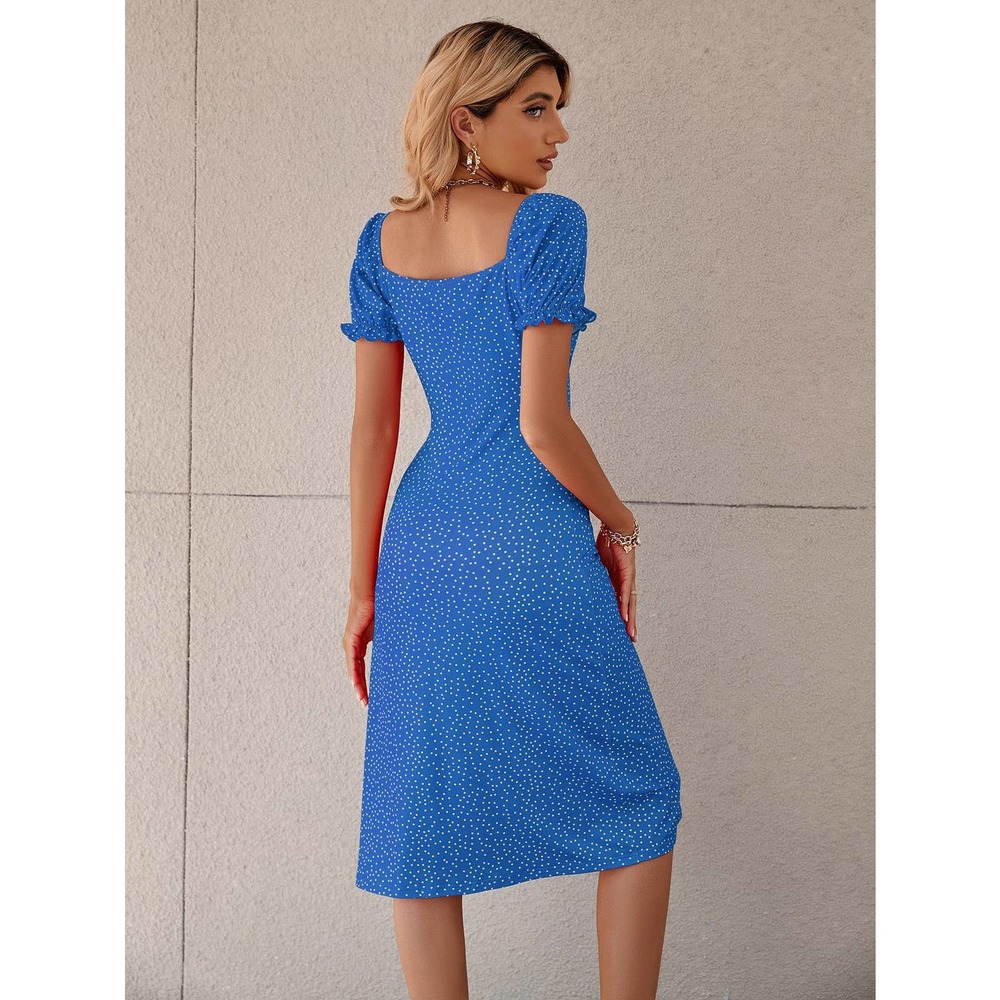 Polka Dot Puff Sleeve Tie Front Ruched Bust Slit Hem midi Dress red - Picture 6 of 11